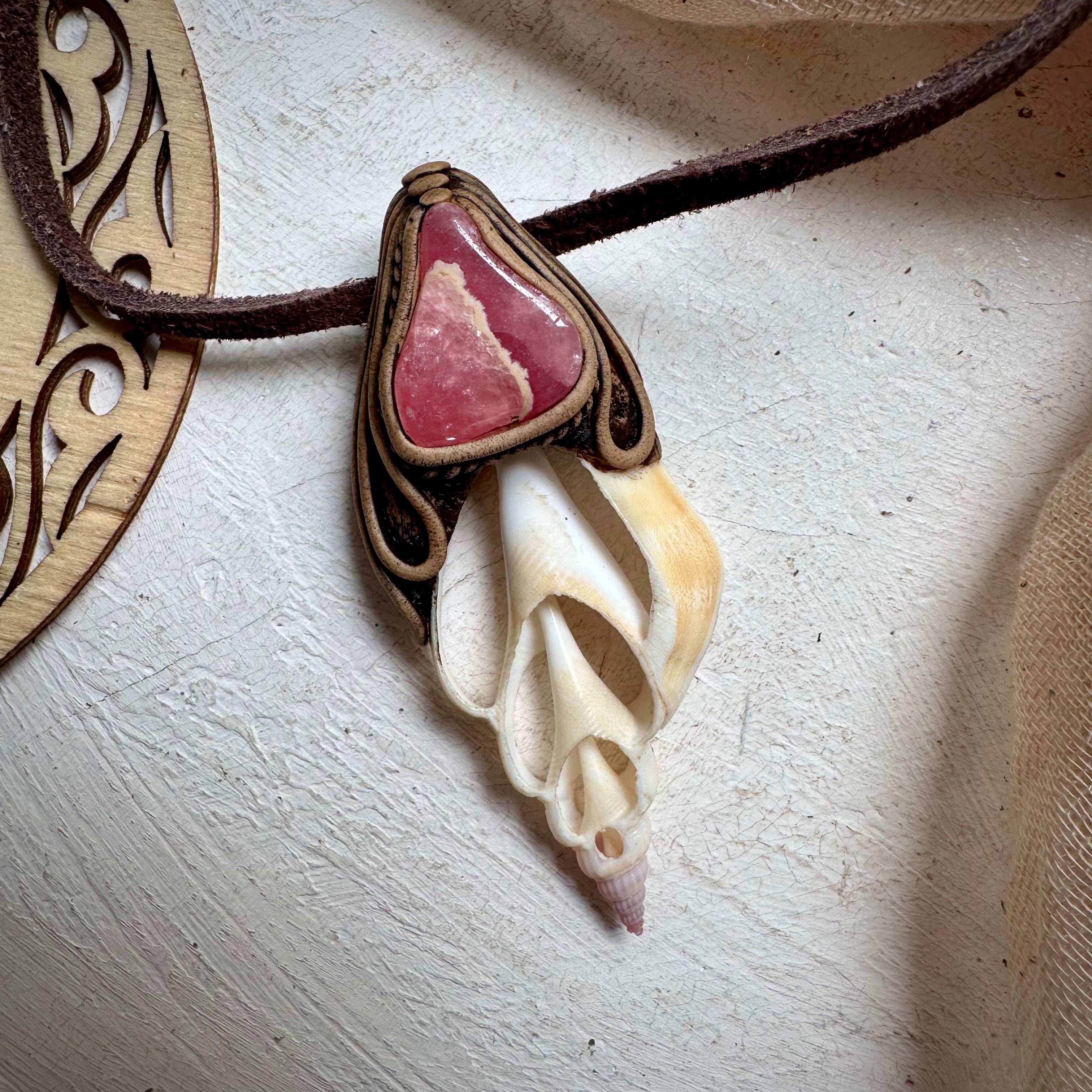 Seashell and Rhodochrosite Pendant - FairyGardenGlow