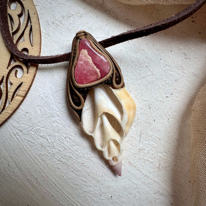 Seashell and Rhodochrosite Pendant - FairyGardenGlow