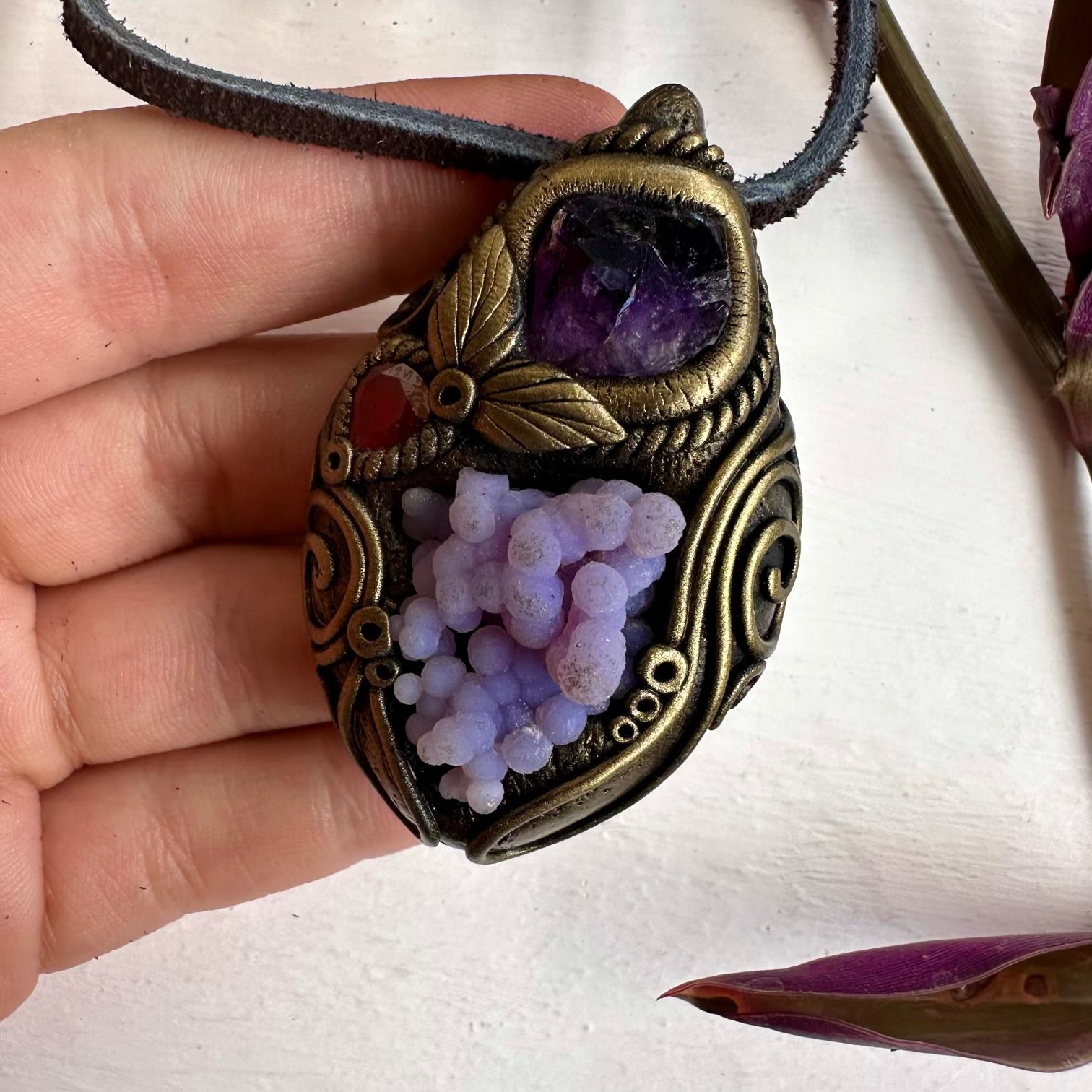 Grape Chalcedony Amethyst and Red Garnet Pendant Necklace - FairyGardenGlow