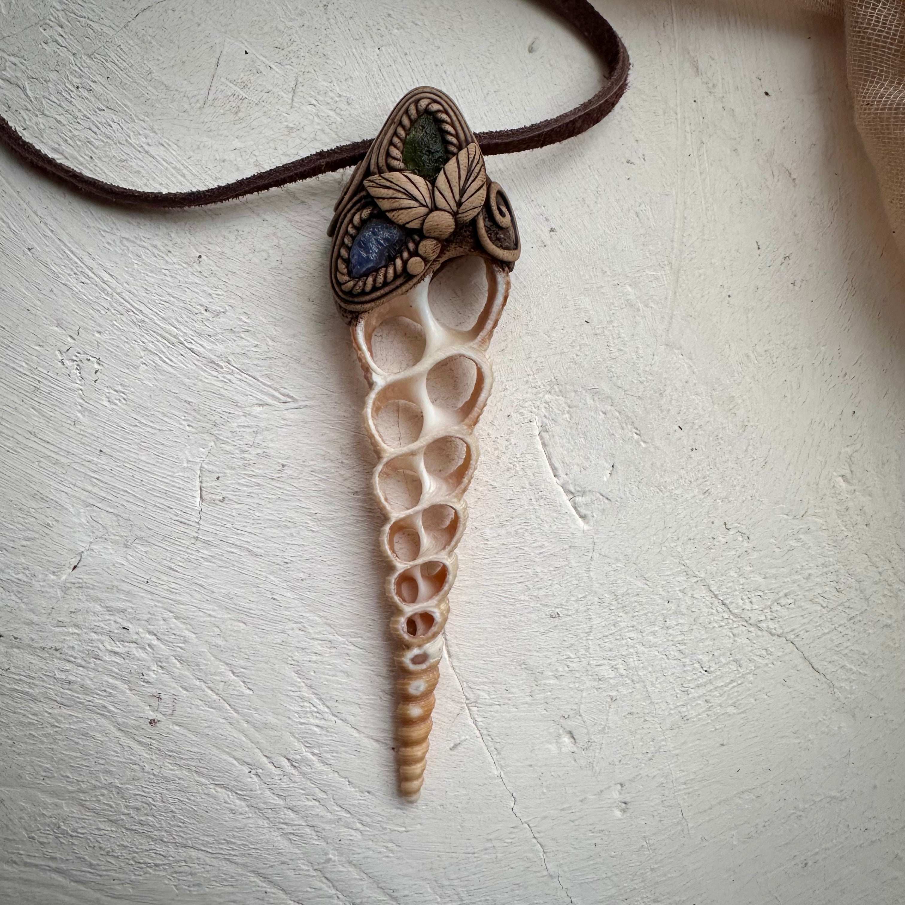 Moldavite and Tanzanite Seashell Necklace - FairyGardenGlow