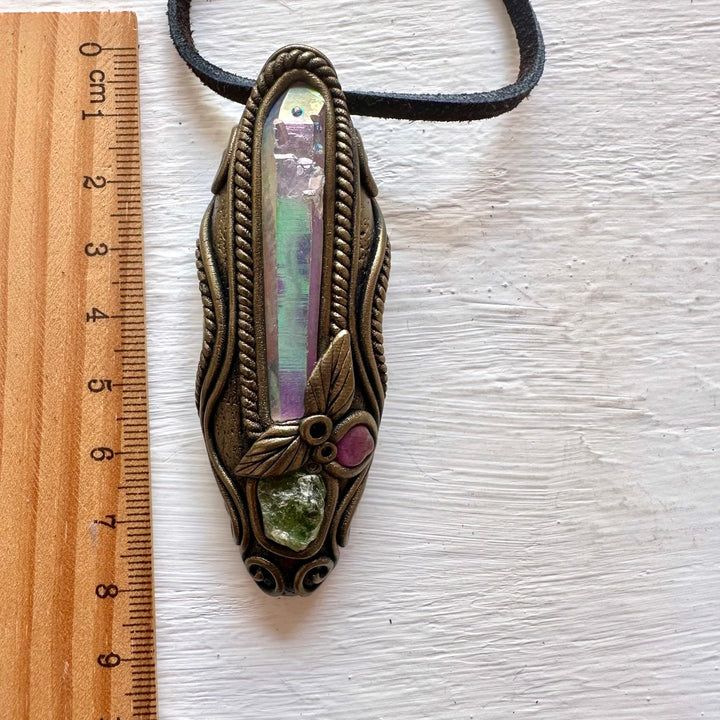 Angel Aura Quartz Raw Peridot and Ruby Necklace - FairyGardenGlow