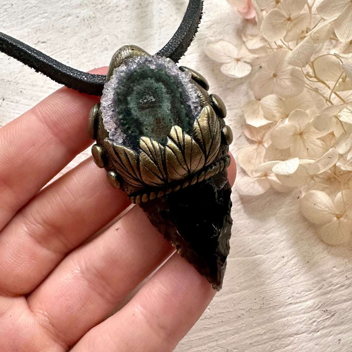 Black Obsidian Arrowhead and Amethyst Stalactite Necklace - FairyGardenGlow