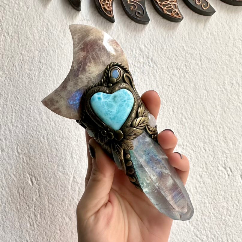 High-vibration crystal wand featuring Rainbow Aura Quartz and Opal doublet