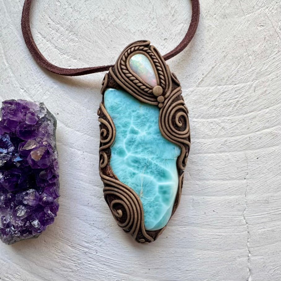 Large Larimar and Australian Opal Pendant Necklace, Healing Crystal Jewelry FairyGardenGlow
