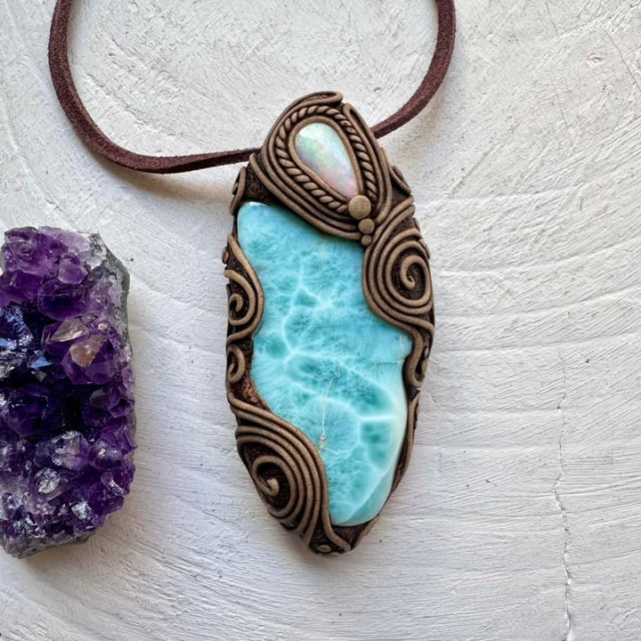 Large Larimar and Australian Opal Pendant Necklace, Healing Crystal Jewelry FairyGardenGlow