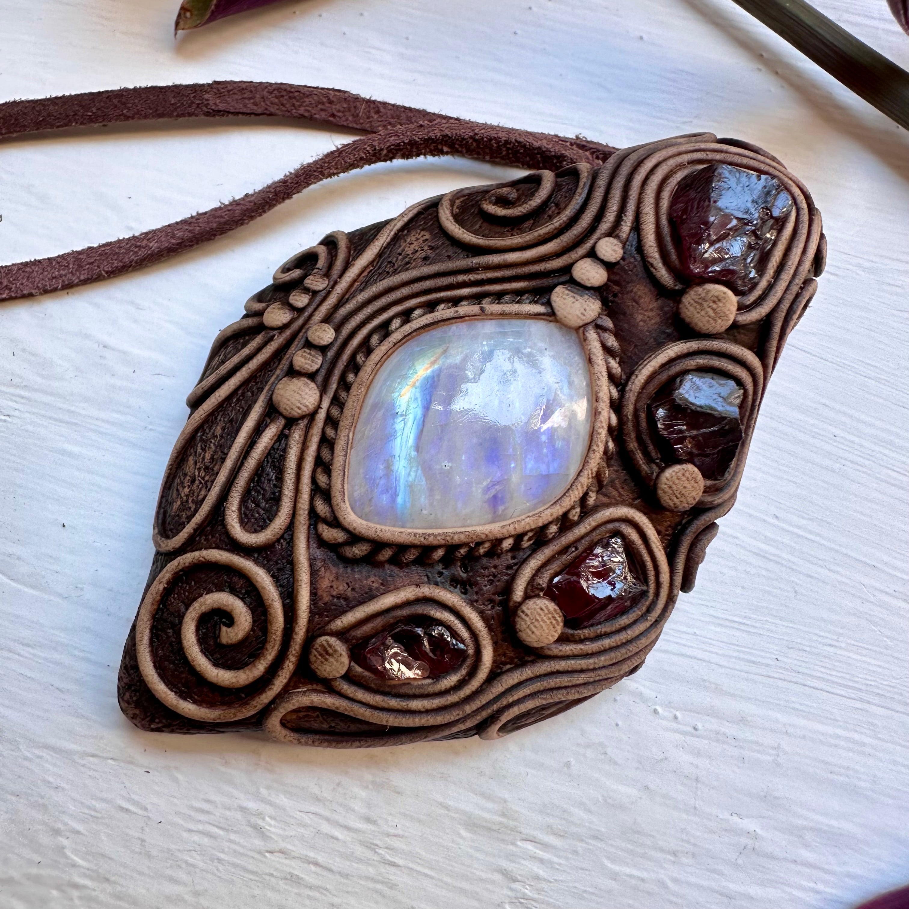 Rainbow Moonstone and Red Garnet Necklace - FairyGardenGlow