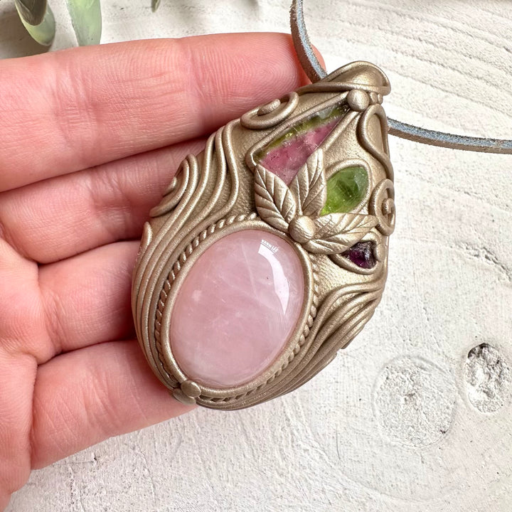 Watermelon tourmaline peridot and garnet healing crystal necklace