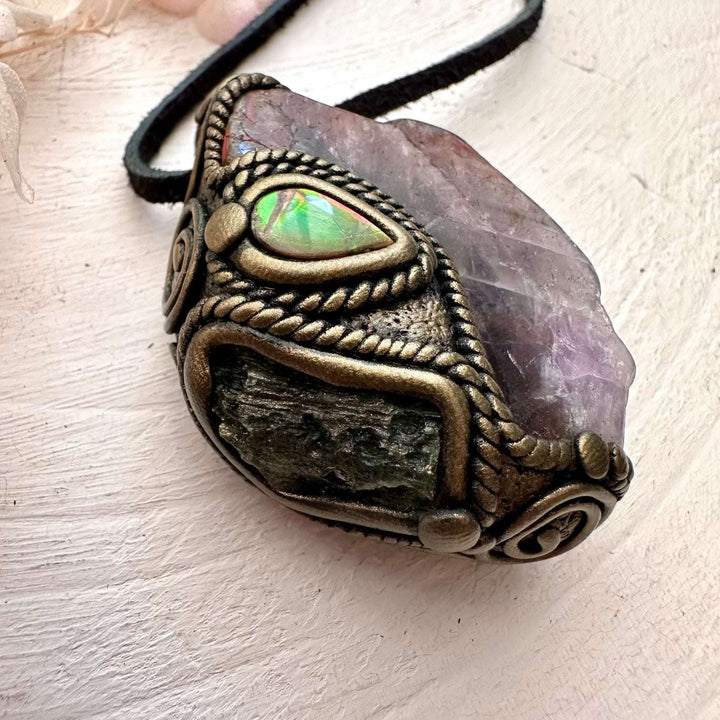 Super Seven Quartz Ammolite and Moldavite Pendant, Handmade Crystal Necklace - FairyGardenGlow