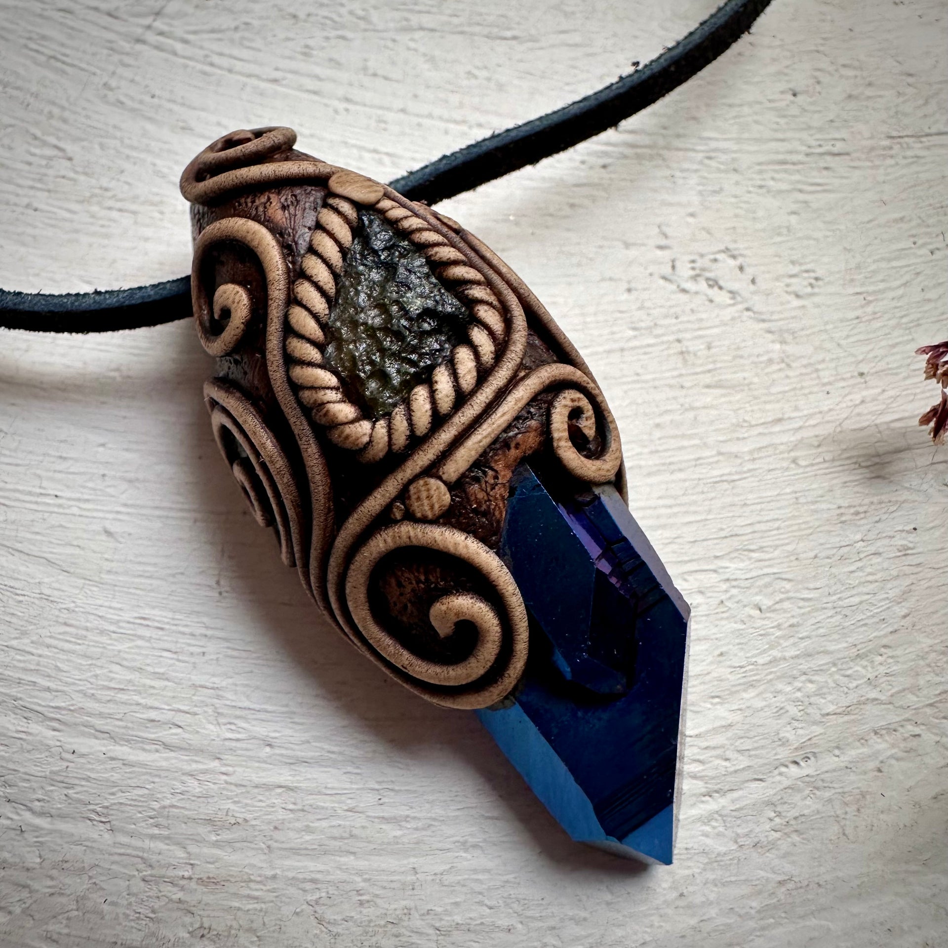 Cobalt Aura Quartz and Moldavite Pendant