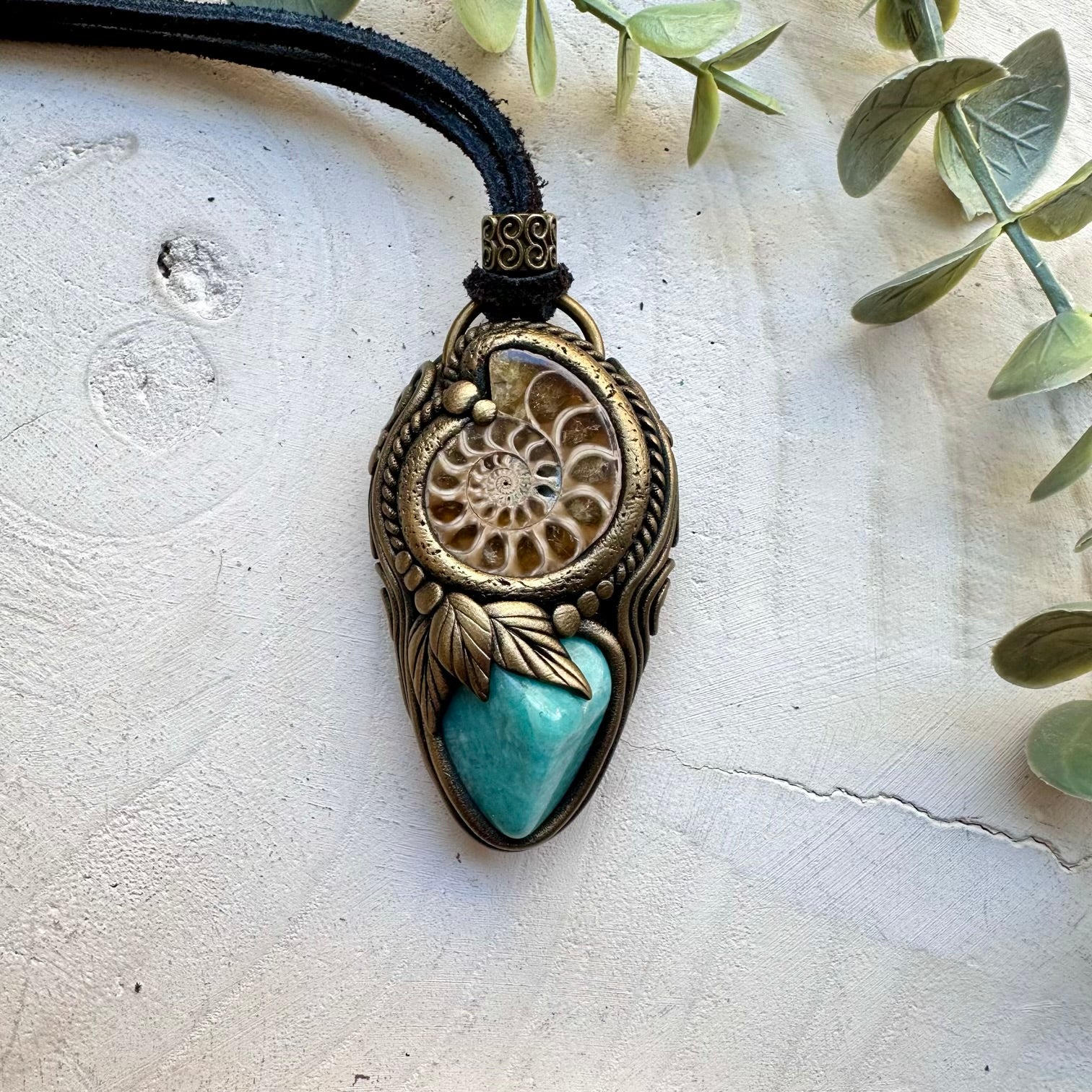 Ammonite Fossil and Amazonite Pendant Necklace
