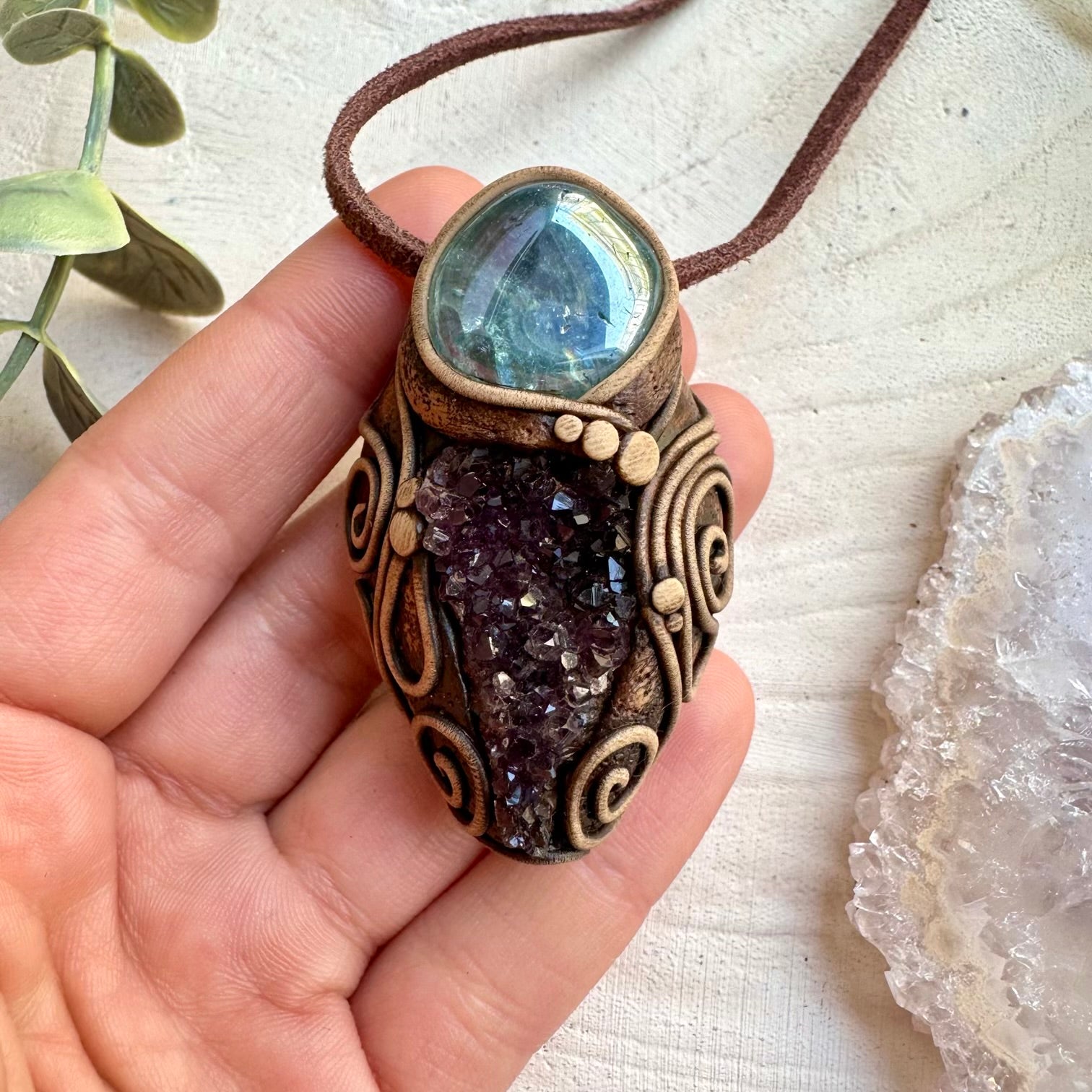 Amethyst Cluster and Aqua Aura Quartz Pendant Necklace, Spiritual Crystal Jewelry