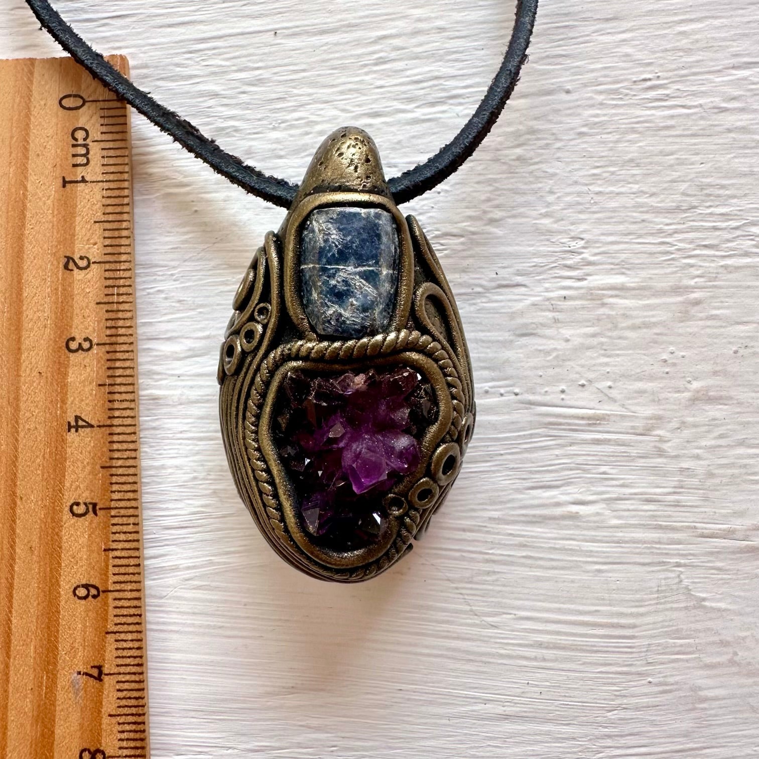 Amethyst Cluster and Raw Blue Sapphire Pendant Necklace - FairyGardenGlow