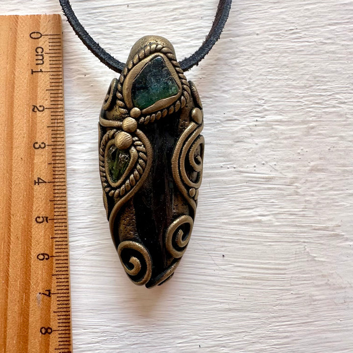 Vivianite Blue-Green Tourmaline and Moldavite Pendant Necklace - FairyGardenGlow