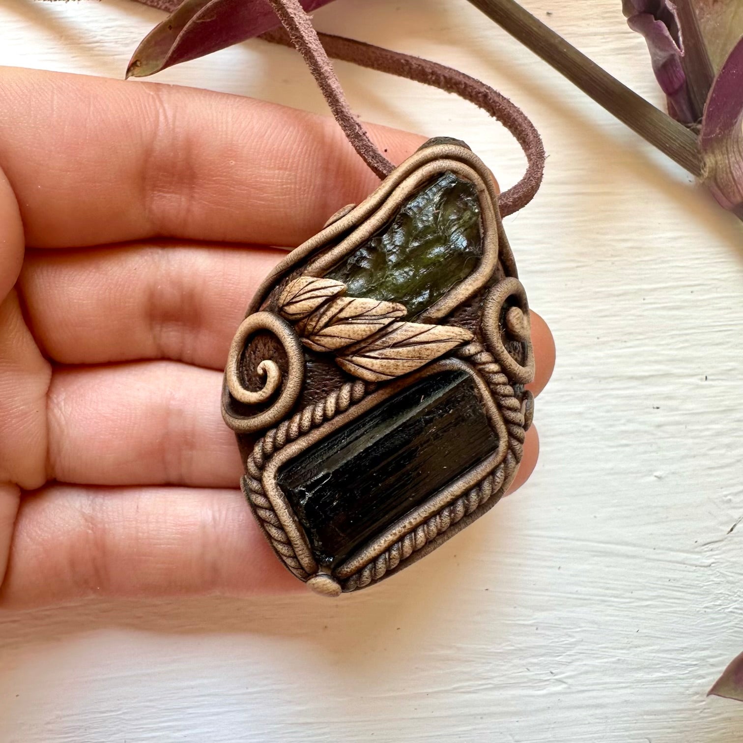 Black Tourmaline and Moldavite Necklace - FairyGardenGlow