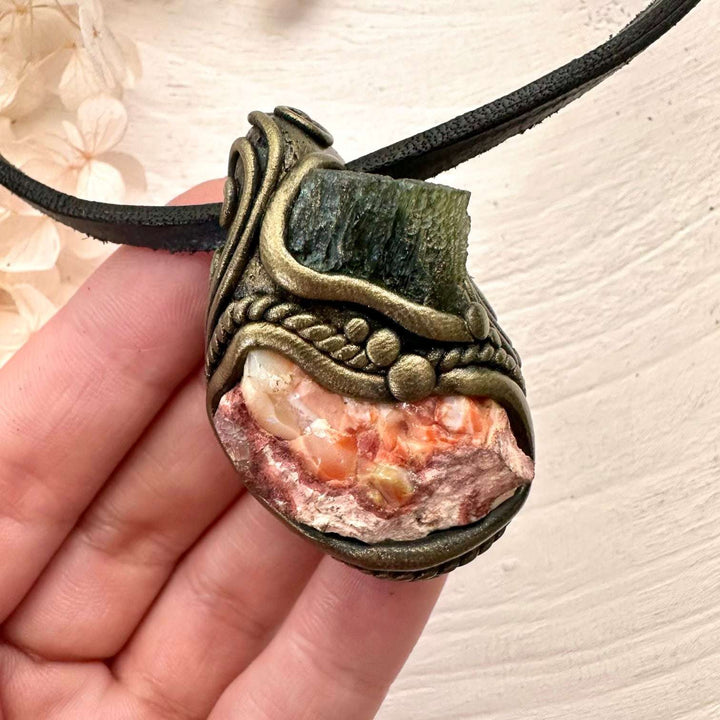 Mexican Fire Opal and Moldavite Pendant Necklace - FairyGardenGlow