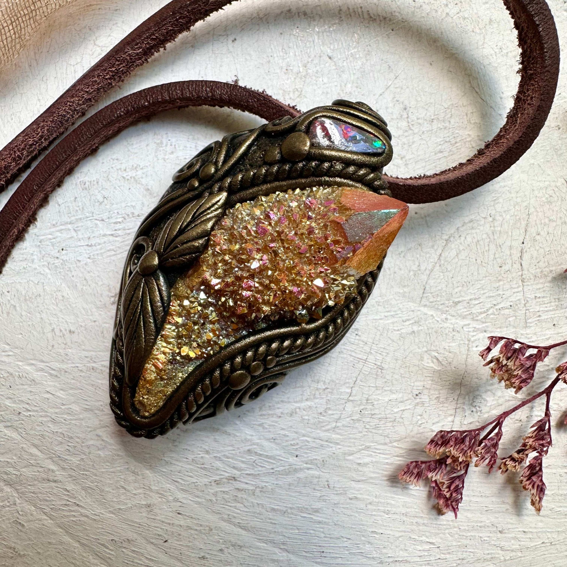 Sunset Aura Spirit Quartz and Boulder Opal Necklace - FairyGardenGlow