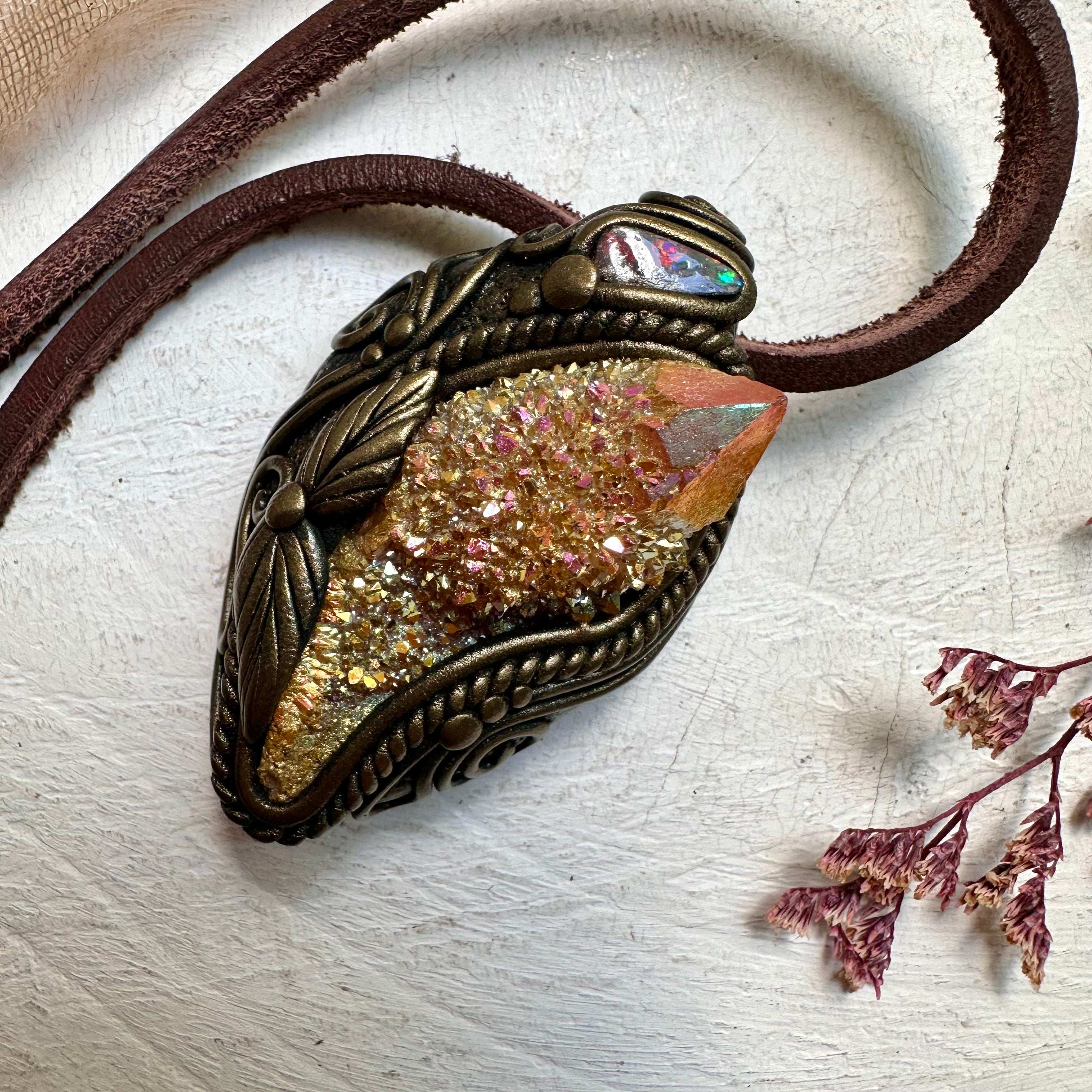 Sunset Aura Spirit Quartz and Boulder Opal Necklace - FairyGardenGlow