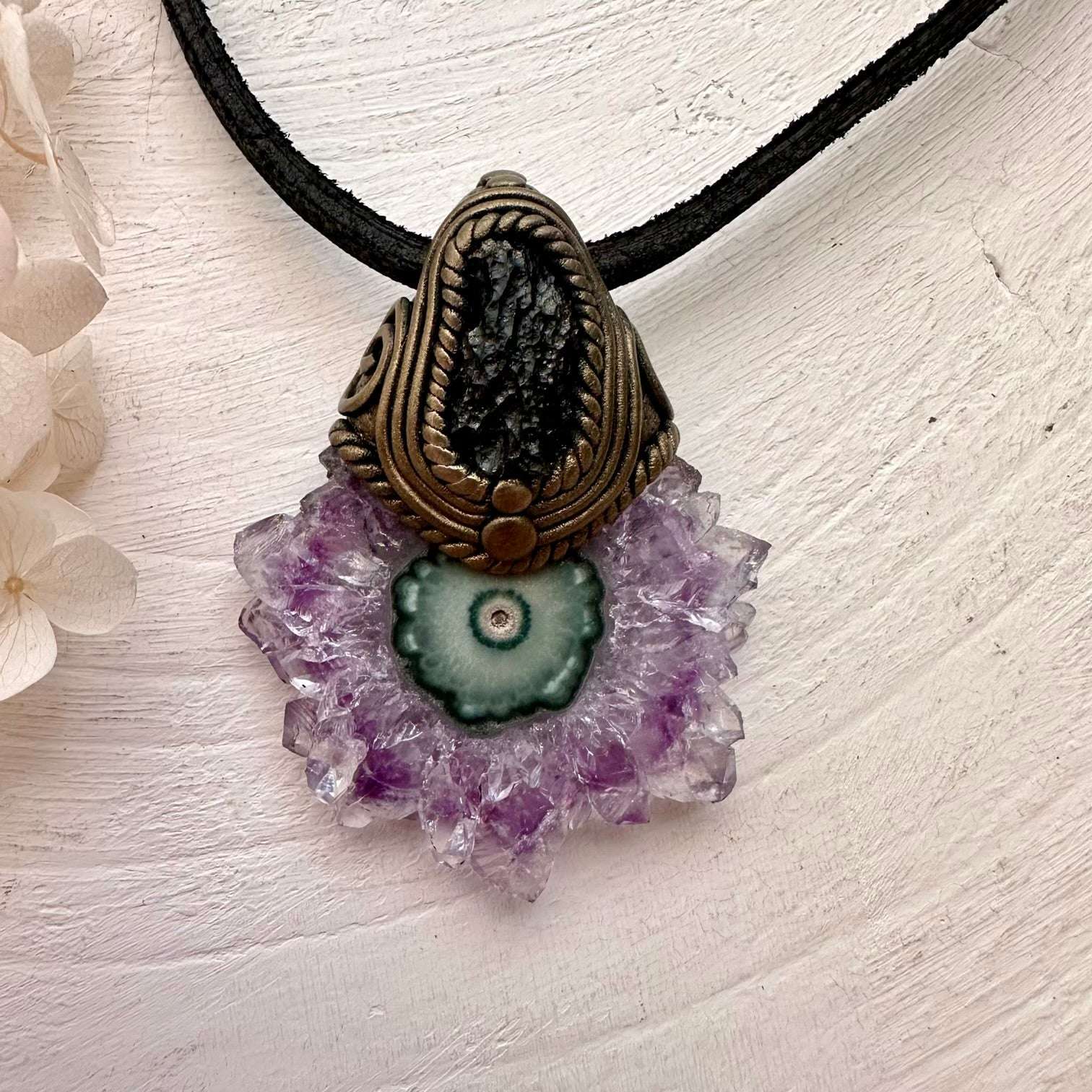Amethyst Stalactite and Raw Moldavite Pendant Necklace - FairyGardenGlow