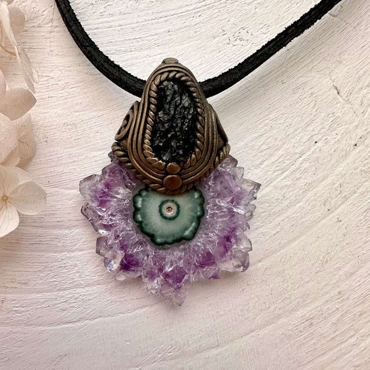 Amethyst Stalactite and Raw Moldavite Pendant Necklace - FairyGardenGlow