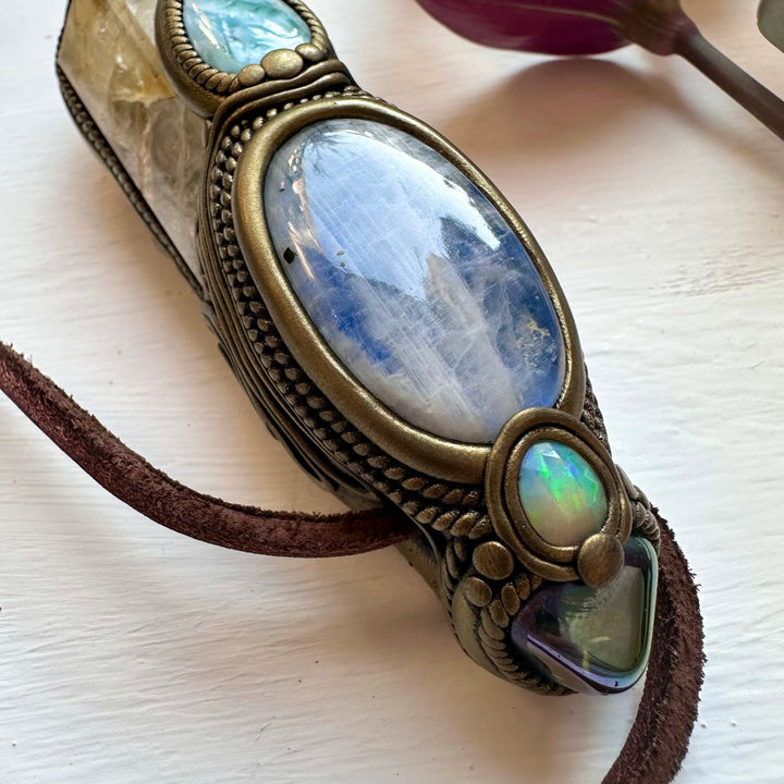 Citrine Moonstone Opal Larimar Aqua Aura Quartz and Blue Sapphire Crystal Wand / Pendant - FairyGardenGlow