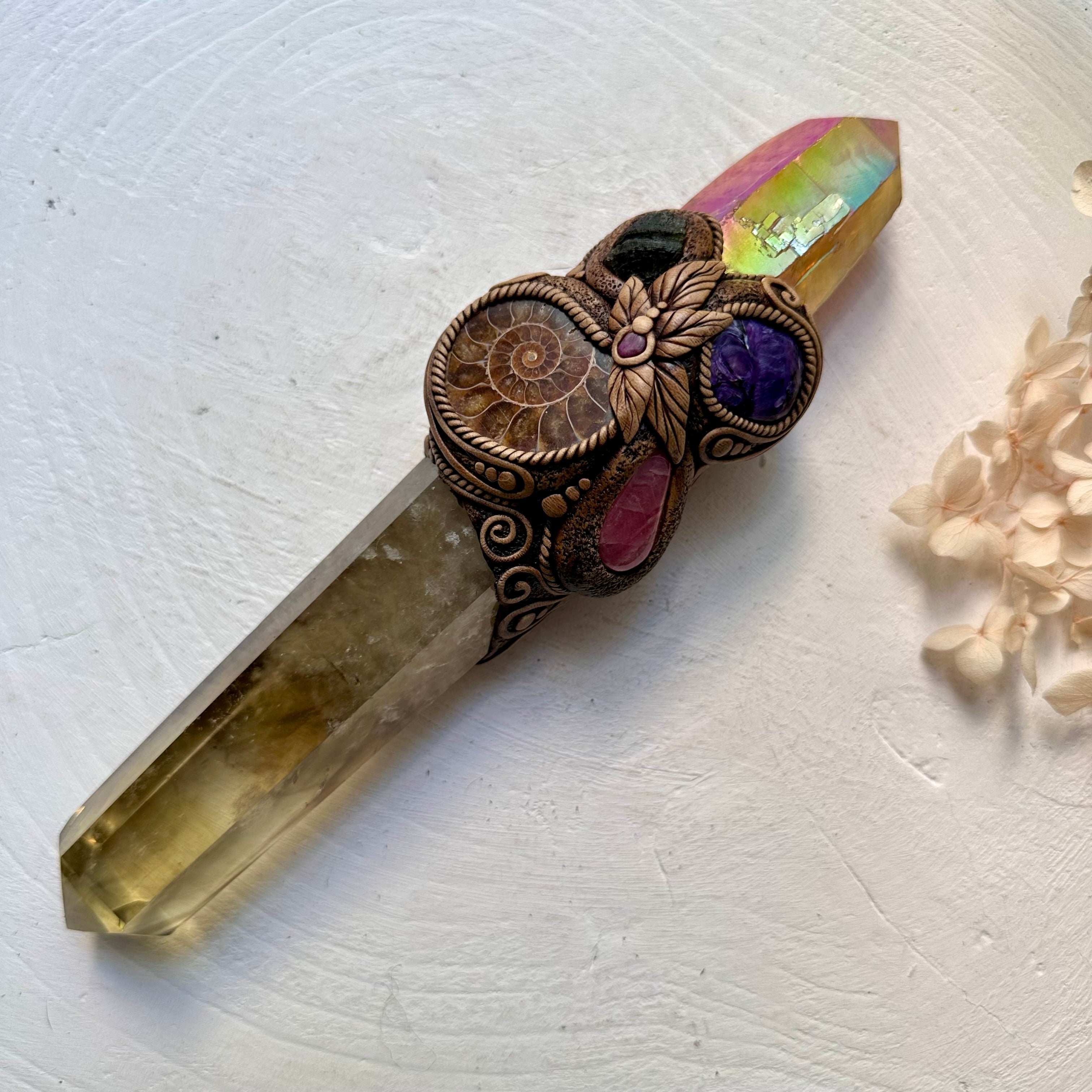 Crystal Wand - Citrine, Sunset Aura Quartz, Ammonite, Rhodochrosite, Charoite, Moldavite and Ruby - FairyGardenGlow