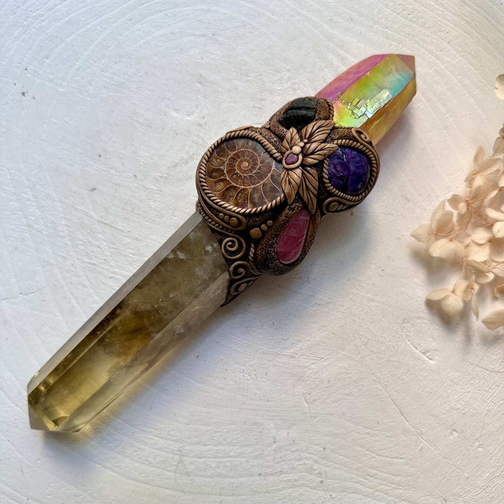 Crystal Wand - Citrine, Sunset Aura Quartz, Ammonite, Rhodochrosite, Charoite, Moldavite and Ruby - FairyGardenGlow