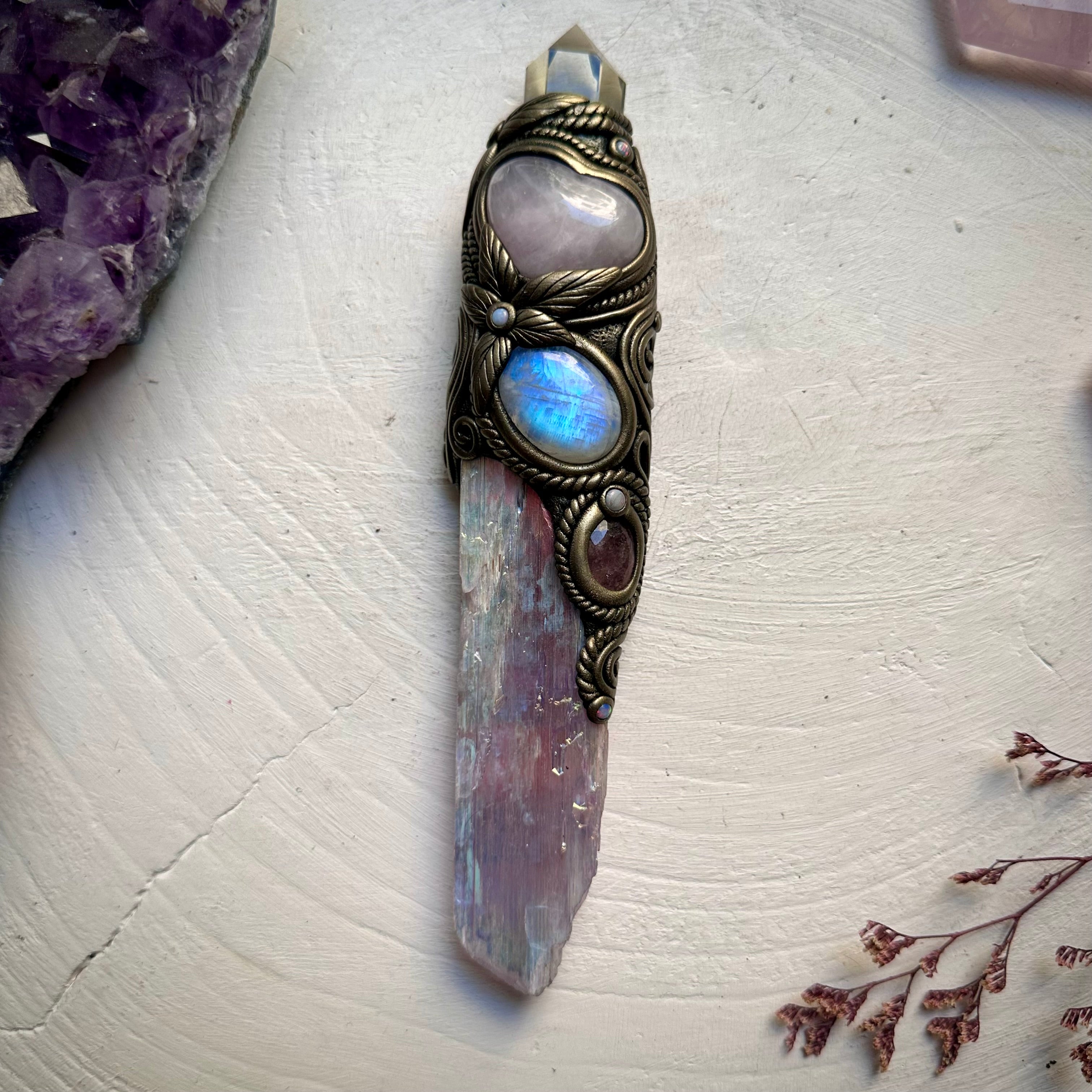 Angel Aura Kunzite with Citrine Point Rose Quartz Heart Strawberry Quartz Rainbow Moonstone and Australian Opal Wand - FairyGardenGlow