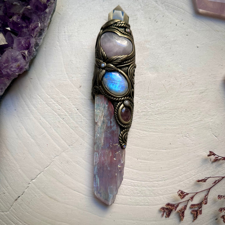 Angel Aura Kunzite with Citrine Point Rose Quartz Heart Strawberry Quartz Rainbow Moonstone and Australian Opal Wand - FairyGardenGlow