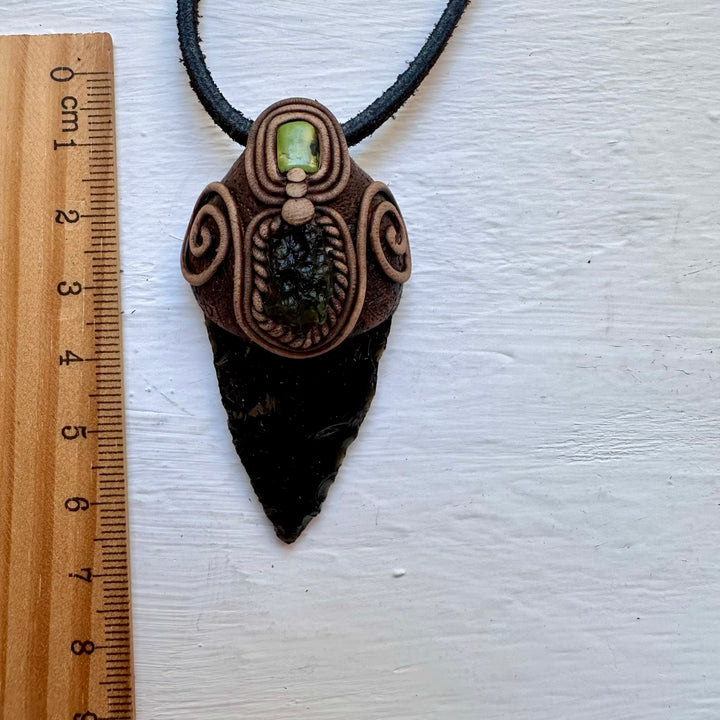 Black Obsidian Arrowhead Moldavite and Tibetan Turquoise Pendant Necklace - FairyGardenGlow