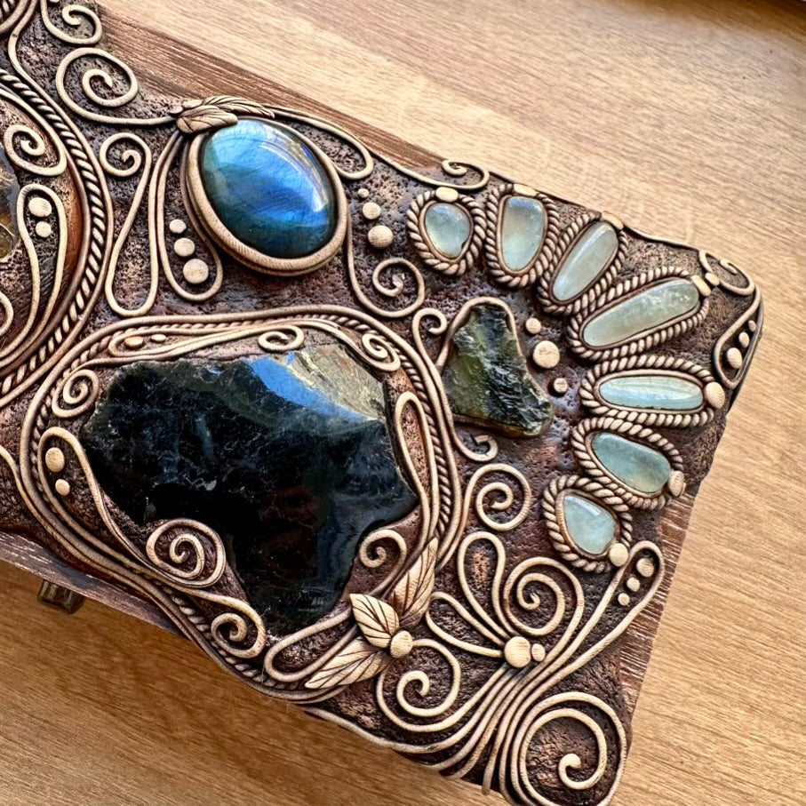 Wooden Box decorated with Crystals, Unique Handmade Tarot Box, Jewelry Box - Home Decor / Ammonite, Black Obsidian, Labradorite, Dioptase, Moldavite and Aquamarine - FairyGardenGlow