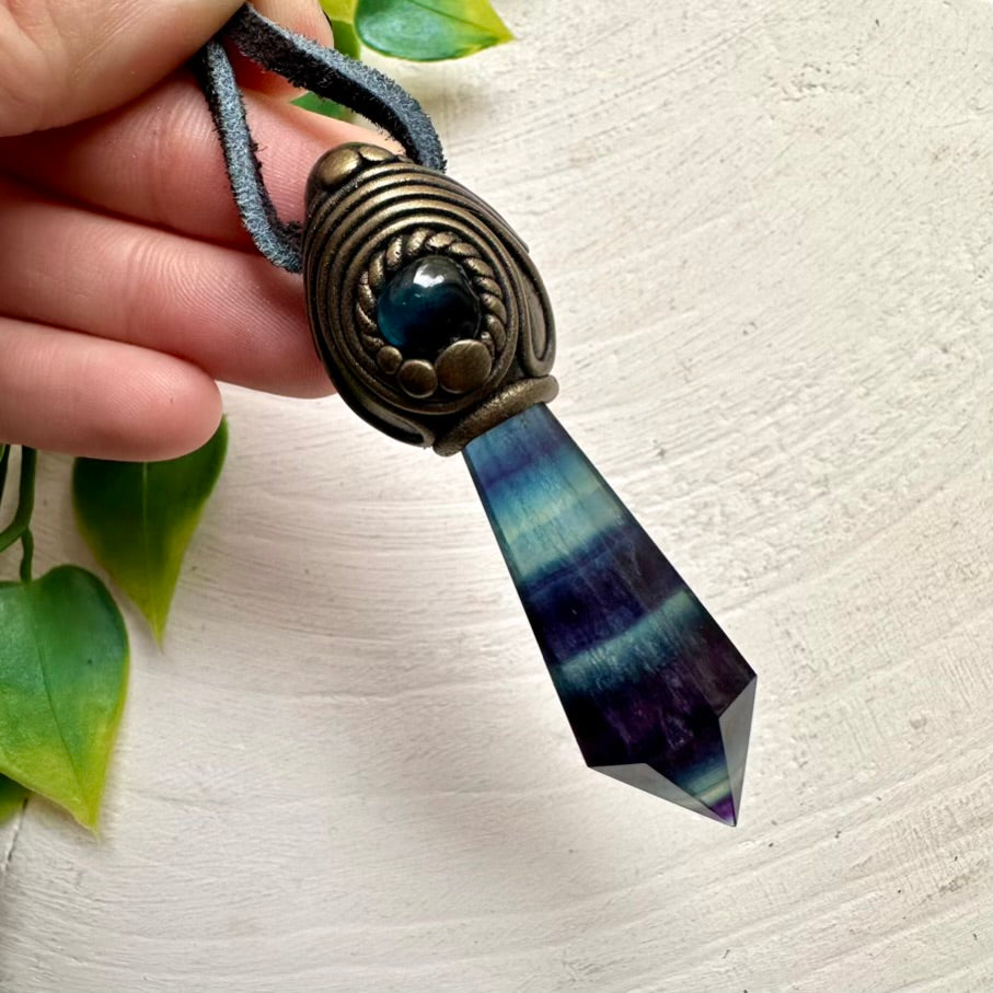 Rainbow Fluorite and Blue Tourmaline pendant necklace – handmade crystal jewelry