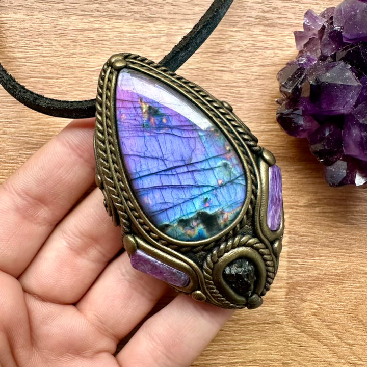 Purple Labradorite Moldavite and Charoite Necklace, One of a kind Handmade Jewlery - FairyGardenGlow