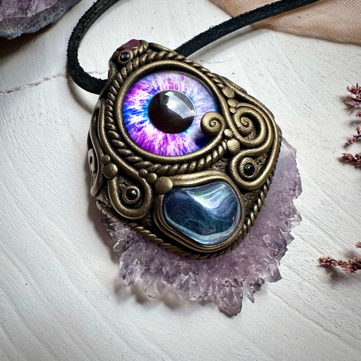 Amethyst Stalactite Aqua Aura Quartz Ruby and Blue Sapphire Eye Necklace - FairyGardenGlow