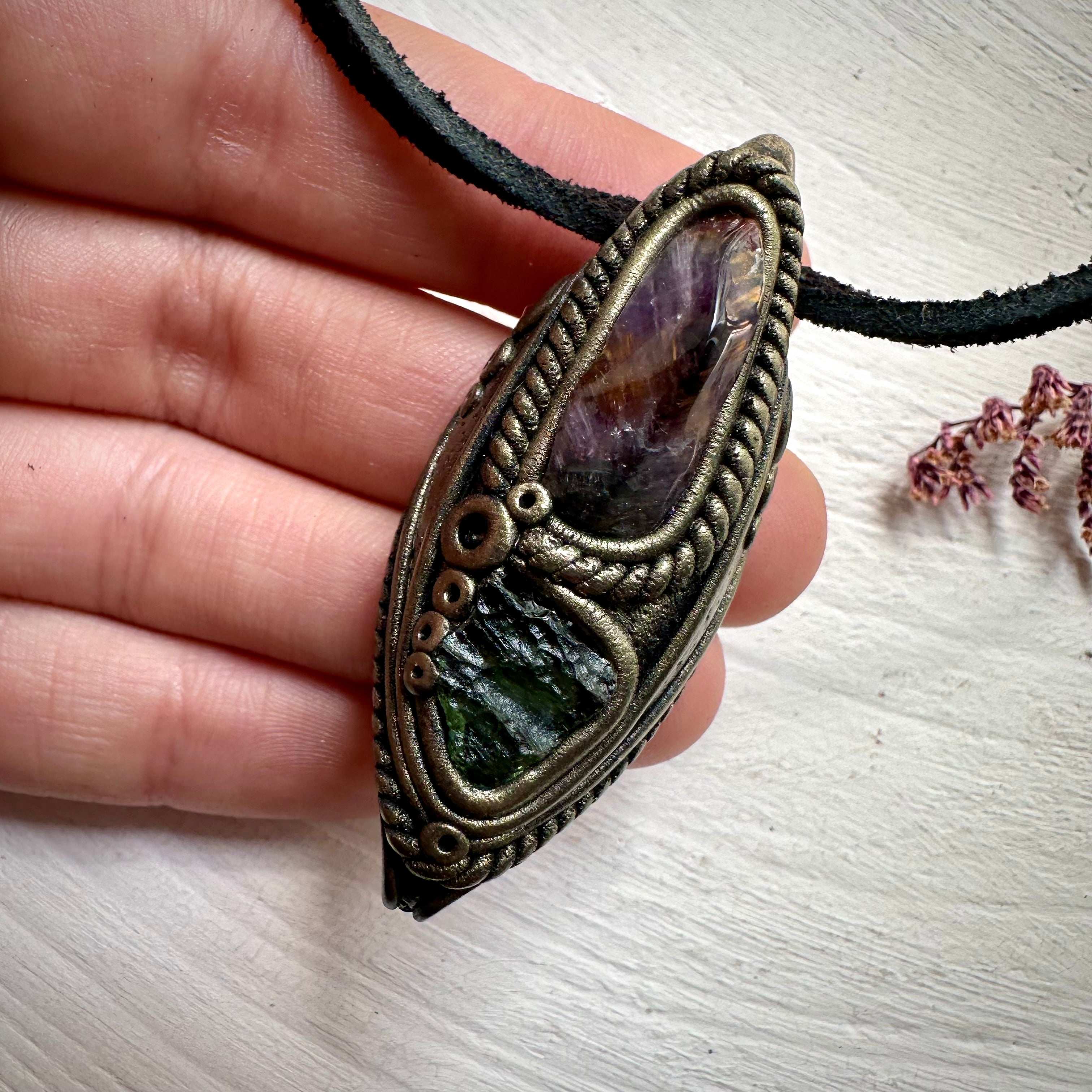 Super Seven Quartz and Moldavite Necklace - FairyGardenGlow