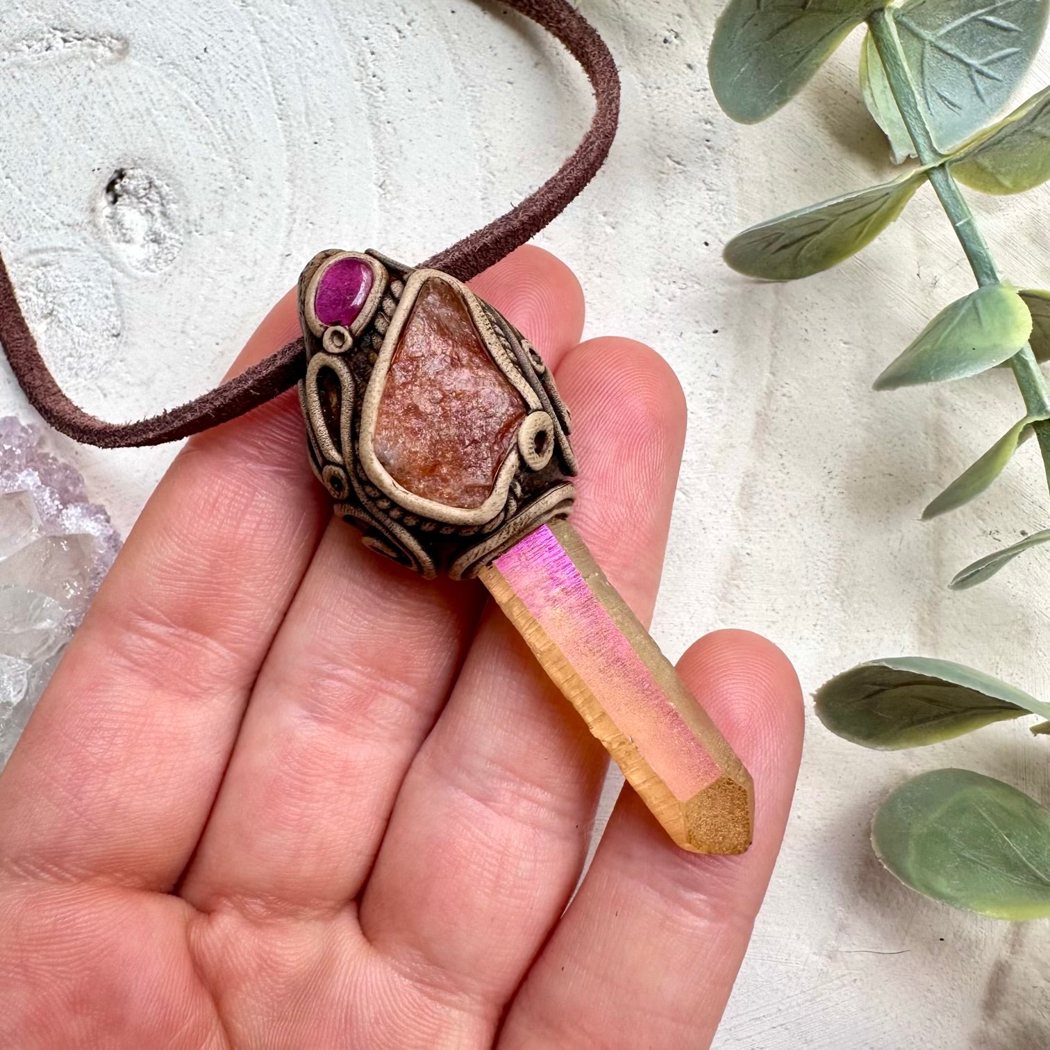 Sunset Aura Quartz with Raw Sunstone and Ruby Pendant Necklace