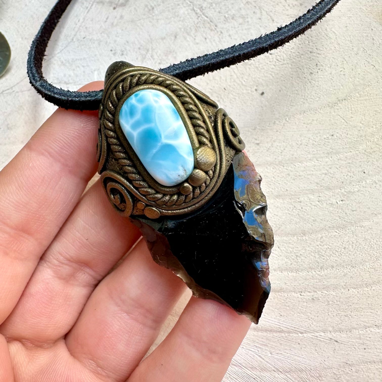 Artisan gemstone necklace with obsidian arrowhead crystal