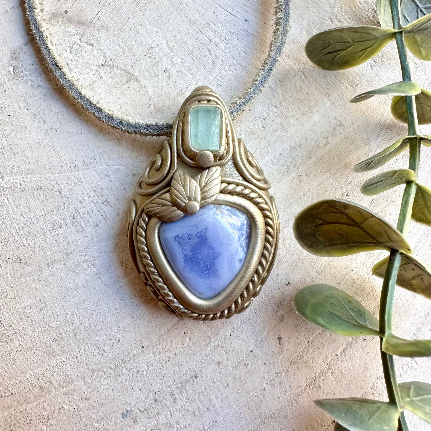 Handmade pendant necklace featuring Blue Chalcedony and Aquamarine gemstones.