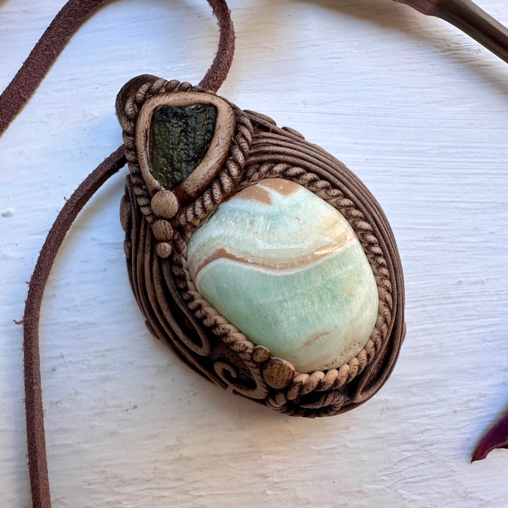 Caribbean Calcite and Moldavite Necklace - FairyGardenGlow