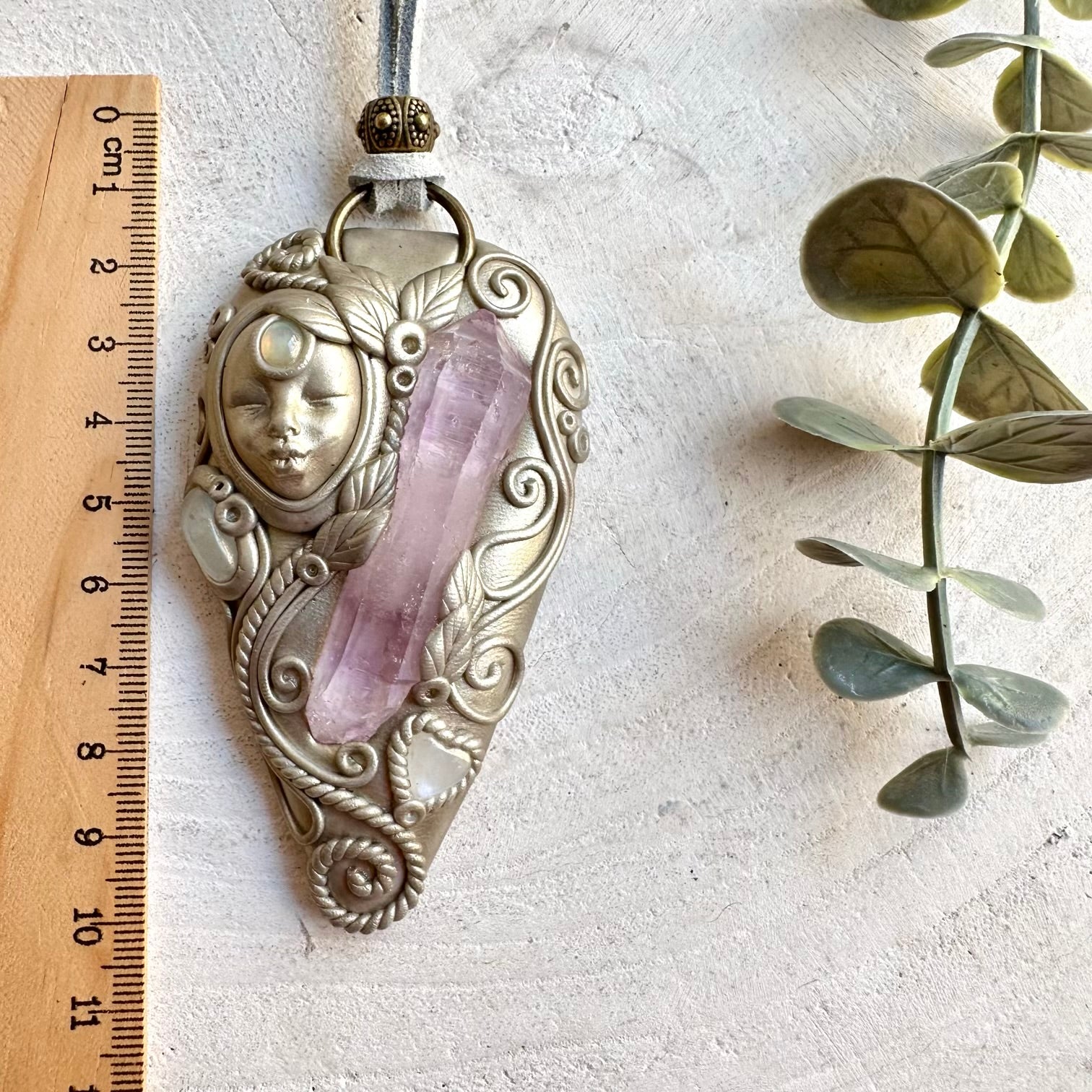 Vera Cruz Amethyst with Moonstone Heart, Clear Topaz and Ethiopian Opal Goddess necklace, handcrafted as unique spiritual gemstone jewelry.