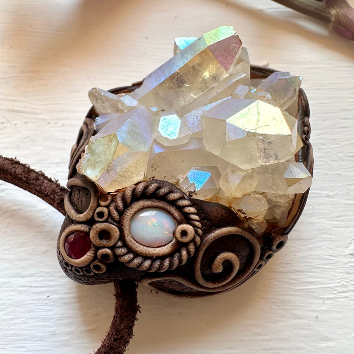 Angel Aura Quartz Cluster Australian Opal and Ruby Pendant Necklace - FairyGardenGlow
