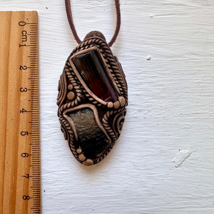 Rubellite Tourmaline and Moldavite Pendant Necklace - FairyGardenGlow