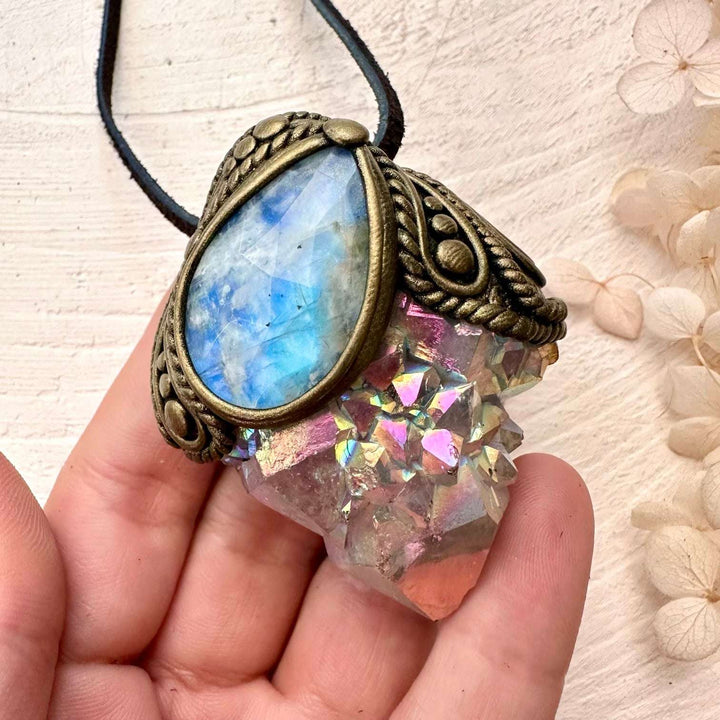 Angel Aura Spirit Quartz and Rainbow Moonstone Pendant - FairyGardenGlow