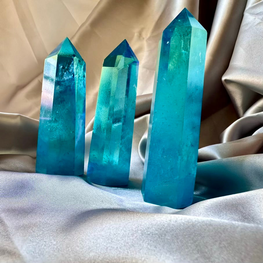Aqua Aura Quartz Tower - Polished Aqua Aura Quartz Point - FairyGardenGlow