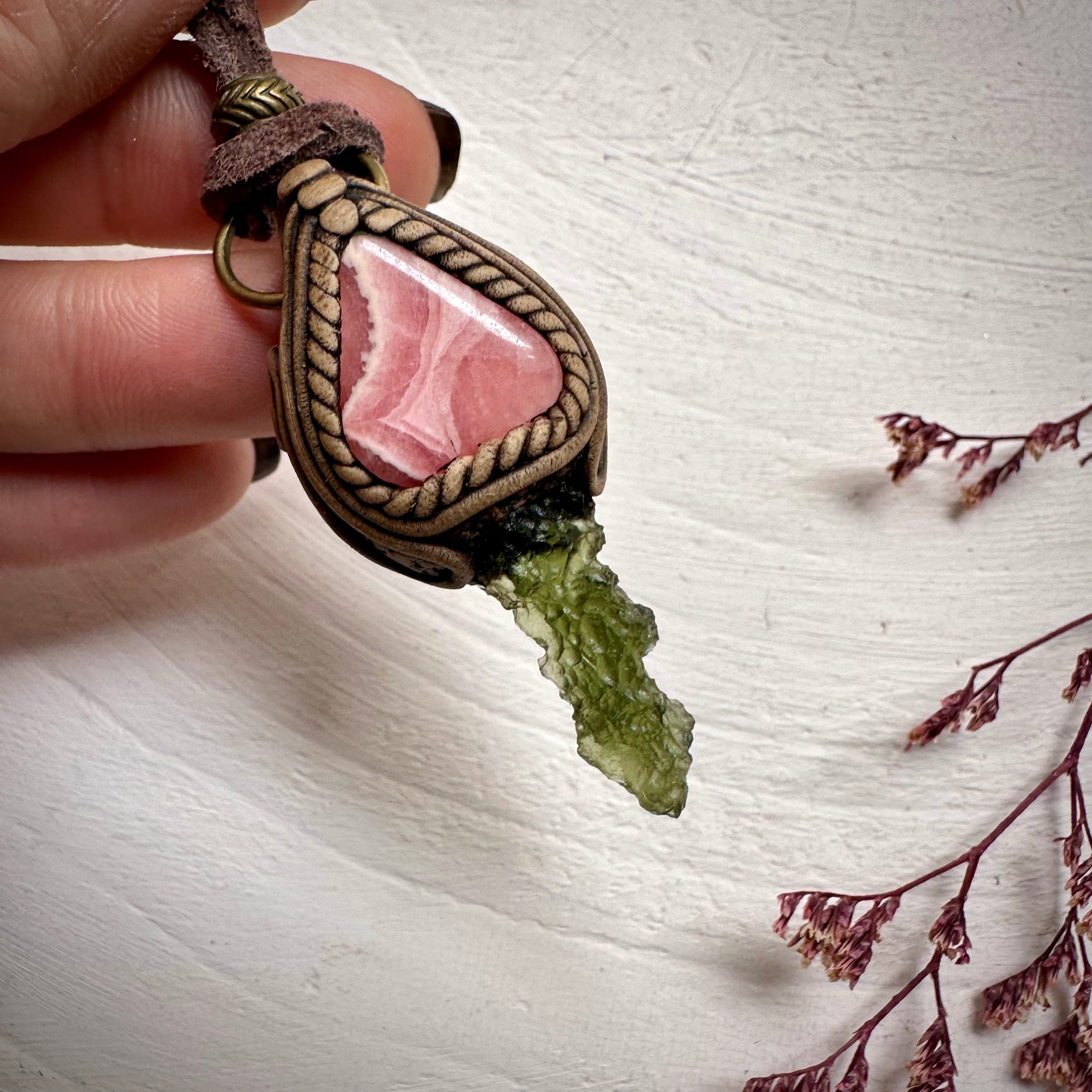 Moldavite and Rhodochrosite Necklace - FairyGardenGlow