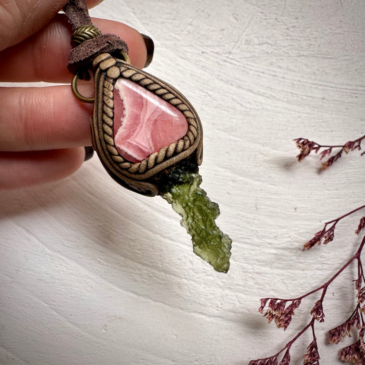 Moldavite and Rhodochrosite Necklace - FairyGardenGlow