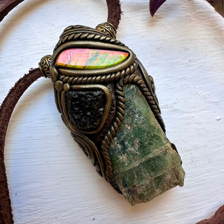 Green Kyanite Ammolite and Moldavite Pendant Necklace - FairyGardenGlow