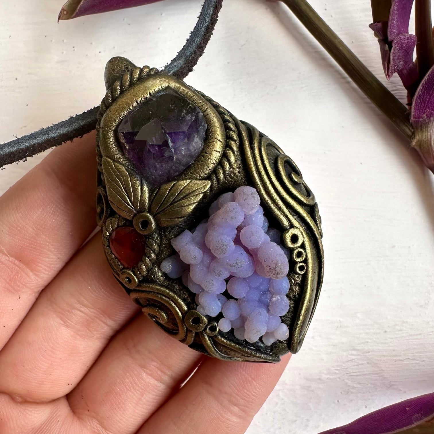 Grape Chalcedony Amethyst and Red Garnet Pendant Necklace - FairyGardenGlow