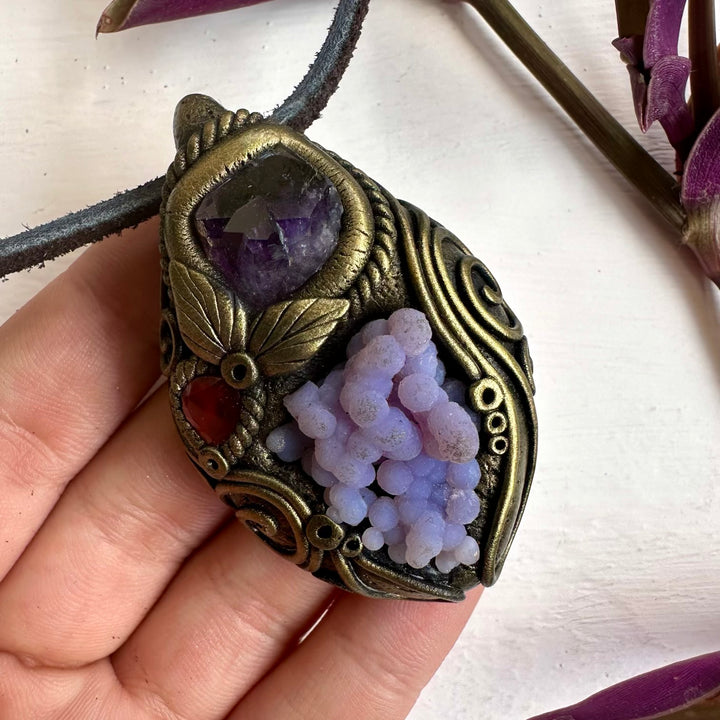 Grape Chalcedony Amethyst and Red Garnet Pendant Necklace - FairyGardenGlow