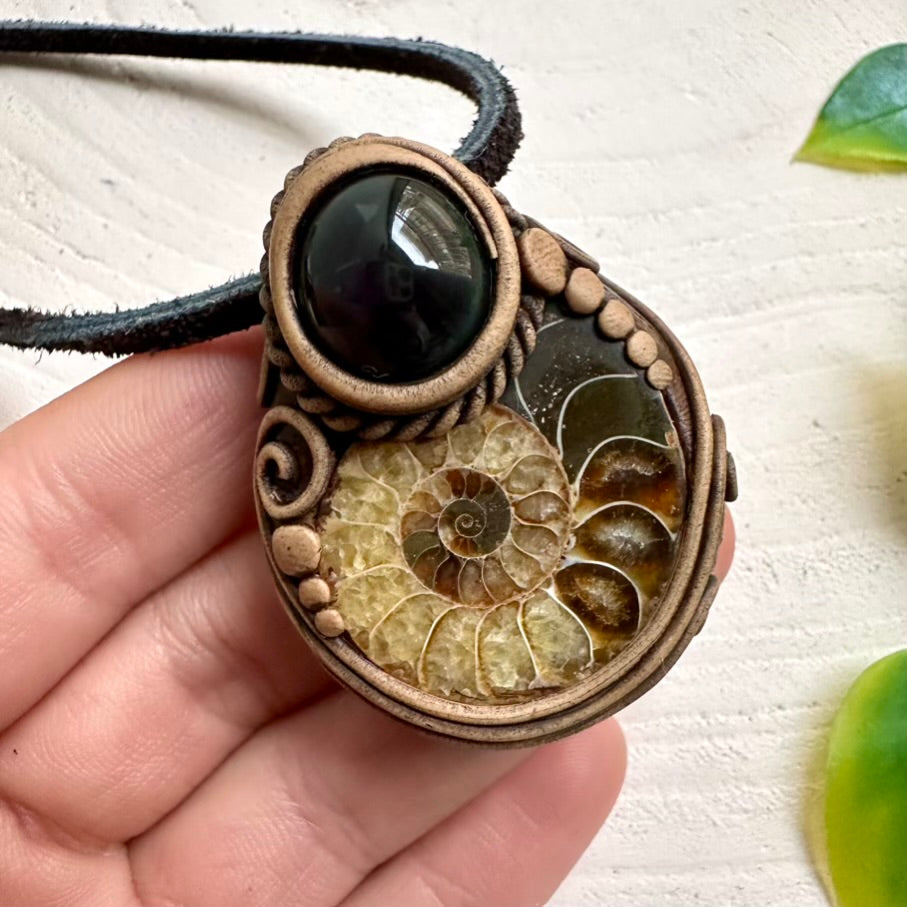 Ammonite and Rainbow Obsidian Pendant Necklace