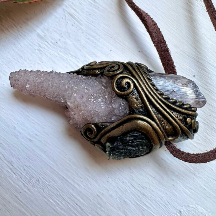 Spirit Quartz Kunzite Moldavite and Ruby Necklace - FairyGardenGlow